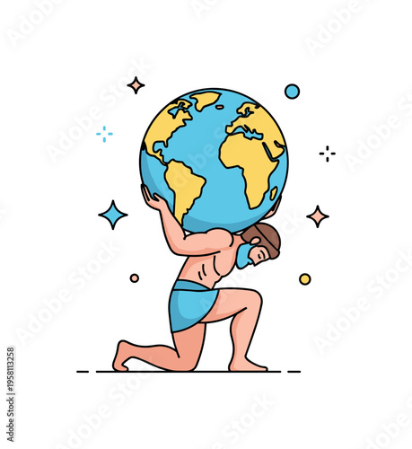 Atlas world bearer strong figure with bent knees supporting a large globe on his shoulders while subtle decorative stars hint at celestial mythology. The scene