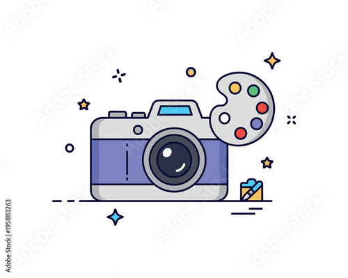 Art inspired photography a compact camera with a small paint palette icon and subtle sparkles illustrating the connection between photography and visual art