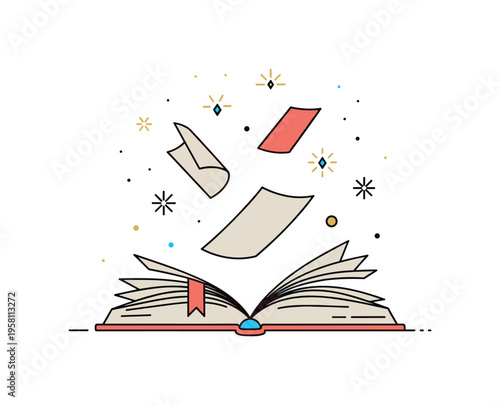 Magical flying book pages open book sending pages floating upward among tiny spark icons creating a whimsical storytelling moment. The scene communicates