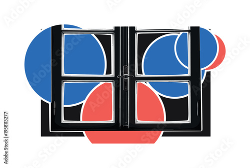 A monochrome window frame fragment with a central latch, bold geometric grid lines emphasizing structure, flat circular shapes overlapping the frame, layered