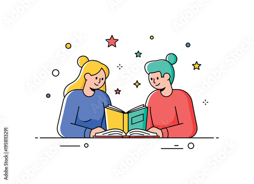 Shared reading moment two friends sitting comfortably side by side with an open book between them while small star accents highlight curiosity and imagination.