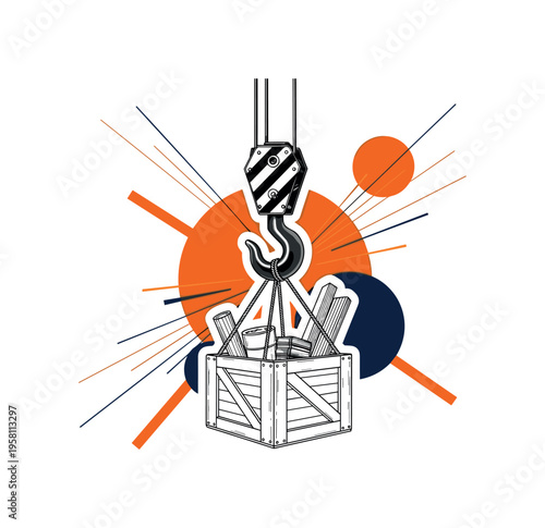 large retro crane hook suspending a crate of construction materials, monochrome photoreal crate and hook with white cut-out outline, bold circular shapes and