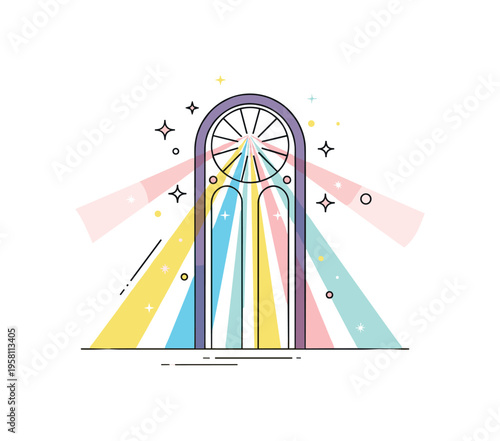 Colorful cathedral window radiating bright shafts of light that create a symbolic connection between architecture and hope. Soft star accents within the beams