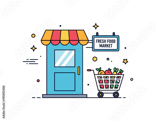 Fresh food market entrance illustrated by a storefront door with a simple produce sign and a small cart parked nearby. Friendly neighborhood shop scene