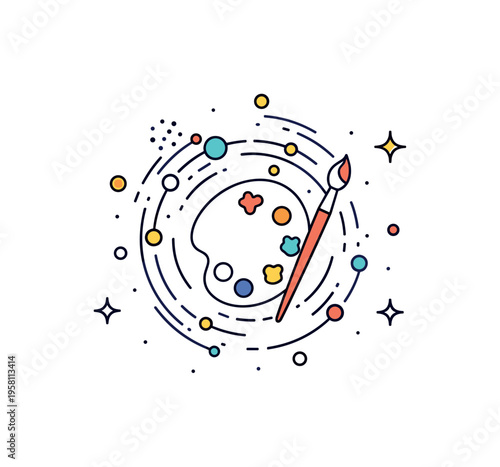 Subatomic creativity stylized particles swirling around a paint palette and brush forming a small cosmic art scene. The composition suggests that even the