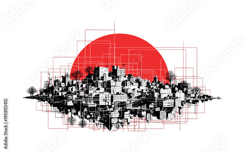 Black and white crowded urban block with minimal trees, layered with a large red half-circle behind like an overheated sun and structured grid lines suggesting