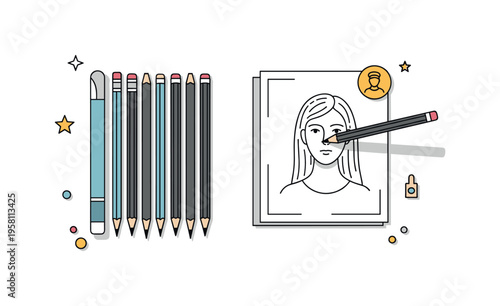 Traditional drawing tools arrangement featuring neatly aligned graphite pencils and a sketched portrait thumbnail on paper, expressing preparation and love for