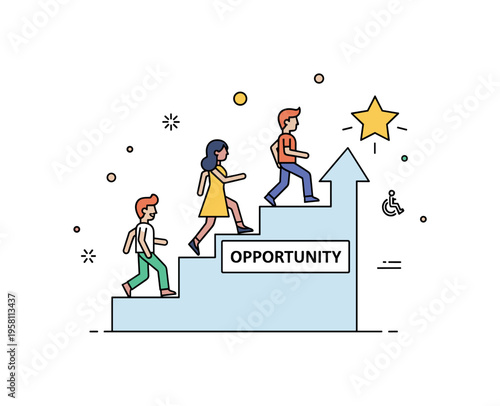 Equal opportunities concept with a simple staircase labeled ?Opportunity? where diverse characters move upward side by side toward a star icon. The optimistic
