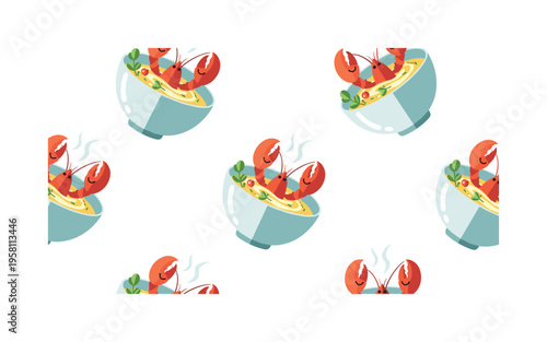 lobster soup dish steaming bowls with lobster claws cream swirl and herbs stylized as friendly culinary icons, flat vector smooth rounded geometry, saturated