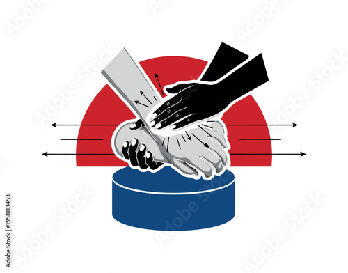 Black and white hands scrubbing back of one hand with the other, bold red semicircle behind symbolizing attention, thin linear arrows indicating movement