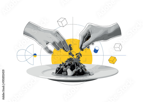 retro food influencer hands adjusting herbs on a gourmet dish, black and white photographic hands with white contour outline, large yellow circle sun behind
