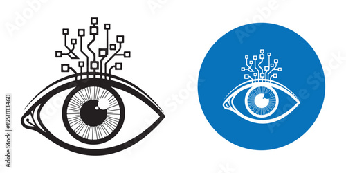 Stylized eye combined with digital circuitry represents futuristic technology and artificial intelligence vision