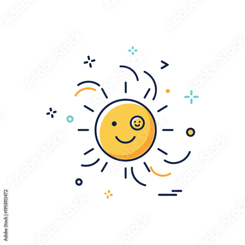 Sunshine happiness symbol centered on a bright sun icon with gentle curved rays and a small smiling face accent, expressing warmth and emotional positivity.