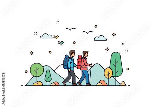 Forest trail companionship couple hiking through a quiet forest path while small trees and birds frame the peaceful outdoor journey. Scene expressing