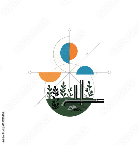 monochrome water droplet transforming into a small reservoir landscape with plants and pipes, intersecting semicircles and thin structural lines suggesting