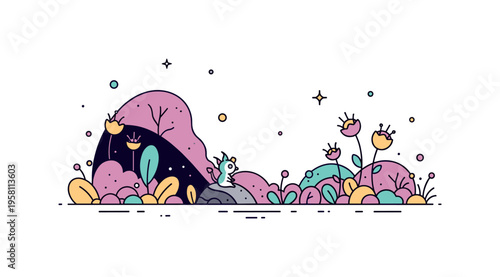 Hidden valley of glowing flora where soft radiant plants bloom around a small magical creature perched on a stone. The scene expresses quiet fantasy, natural