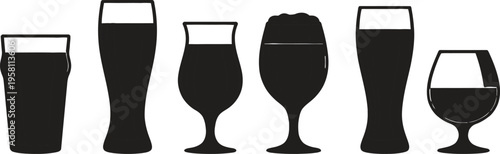 A set of black silhouettes of various glasses filled with dark liquid on a white background