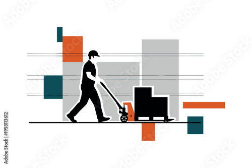 black and white worker pushing a loaded pallet jack across a warehouse floor, cut-out collage figure with white outline, abstract geometric blocks and thin