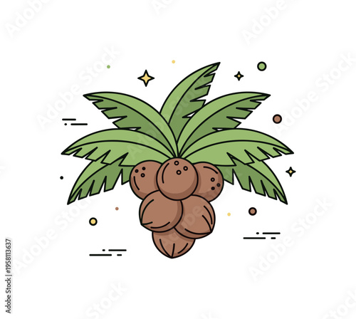 Coconut palm detail rounded coconuts clustered beneath layered fronds, highlighting exotic fruit and tropical abundance. A clean editorial badge celebrating