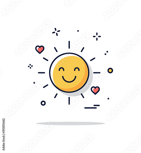 Joy and bliss symbol represented by a radiant sun with a small smiling face and tiny heart accents around it. Bright positive visual expressing warmth,