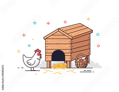 Farm chicken coop simple wooden coop surrounded by a curious chicken and scattered straw while a small egg basket rests beside the door. Cheerful rural scene