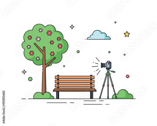 Park morning shoot simple park bench beneath a flowering tree while a tripod mounted camera stands ready nearby. A calm editorial illustration about quiet