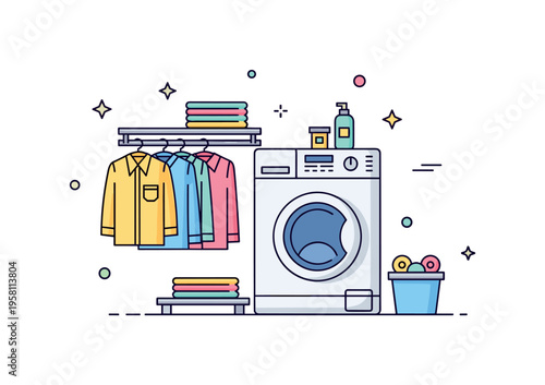 Mini laundry station a small washing machine with a hanging rail and a few neatly arranged shirts illustrating a practical laundry solution for