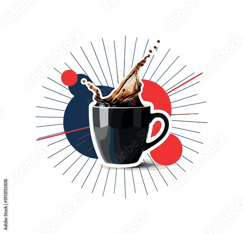 coffee mug with splash rising from inside, black and white realistic mug with white cut-out outline, abstract radial lines and circular shapes emphasizing