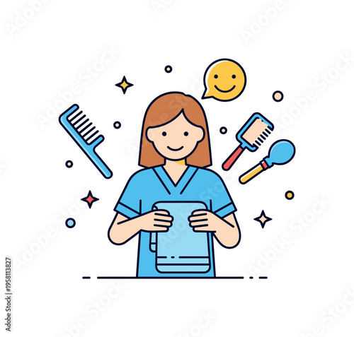Personal hygiene support caregiver providing assistance with grooming tools like a comb and towel while a gentle smile icon suggests comfort and reassurance.