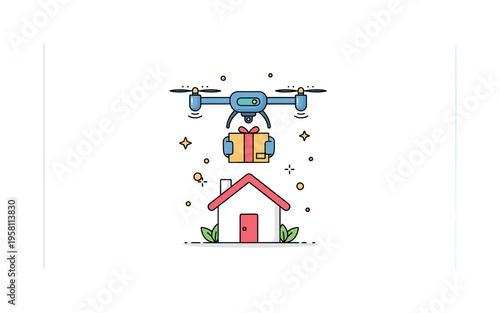 Autonomous parcel drone hovering above a simplified house icon while holding a neatly wrapped box, symbolizing contactless delivery and smart urban living. The