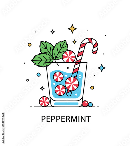 Peppermint holiday cocktail refreshing festive drink in a small glass with peppermint candy pieces, mint leaves, and striped candy cane decoration. The scene