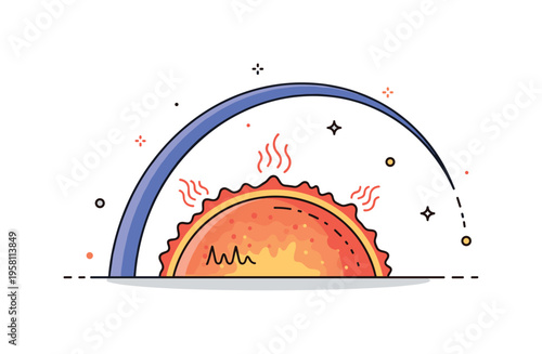 Solar plasma flare curved surface of the sun with a dramatic arching flare rising outward, small heat waves and dots accentuating cosmic intensity. A compact