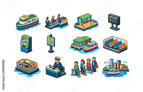 Public Ferries. Colorful isometric vector icons set of Public Ferries: city ferry boat, commuters boarding ferry, ferry stop pier, ferry timetable board,