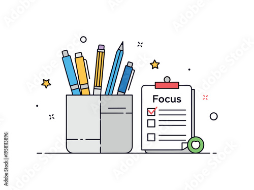 Productive workspace moment featuring a simple organizer filled with writing tools while a small checklist card labeled ?Focus? sits nearby. Motivational