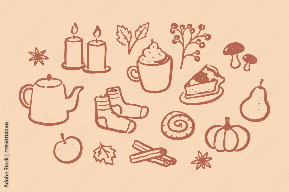 Fototapeta premium Autumn cozy doodle icon set vector illustration