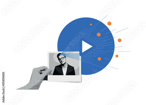 Black and white hand holding photo print that transforms into abstract video play icon, large flat electric blue circle framing upper half, thin diagonal lines