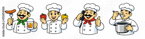 Cartoon chef mascot collection featuring cooking, serving, reading, and approval poses. A useful culinary character set for restaurant ads, menu design, stickers, and food business branding.