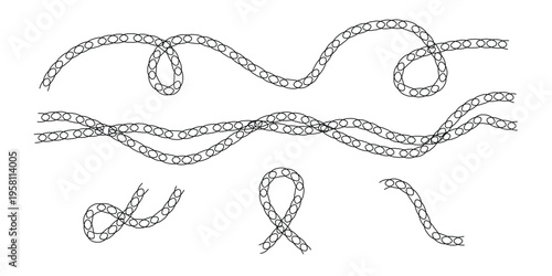 A collection of various decorative black and white chain patterns illustrated on a plain background