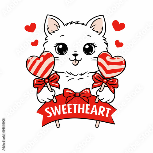 Cute white kitten with striped candy hearts and sweetheart ribbon banner. Romantic vector art for Valentine cards, stickers, and love themed holiday decorations.