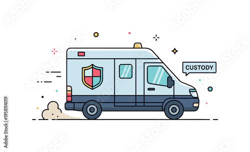 Secure law enforcement transport van driving away with subtle dust motion accents and a small shield icon labeled ?Custody?. The scene expresses official
