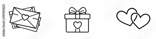 Minimal wedding and romance icon set with envelopes, gift box, and hearts. Clean outline vector symbols for invitations, greeting cards, relationship, and celebration themes.