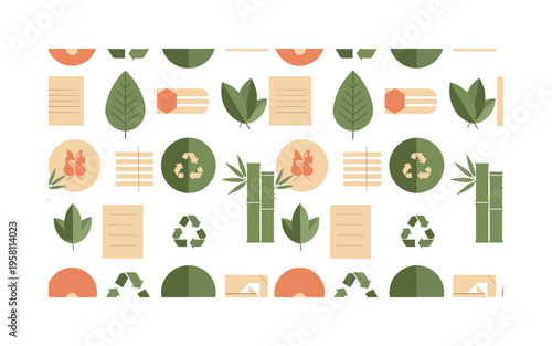 environmental design elements leaves recycled paper sheets bamboo textures and eco symbols arranged in rhythmic composition, flat vector friendly rounded