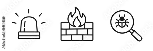 Set of thin line safety icons featuring emergency siren, fire wall, and bug inspection. Minimal vector symbols for cybersecurity, alerts, monitoring, and protection systems.