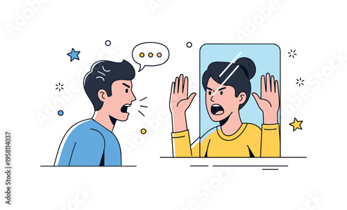 Personal frustration scene a person angrily shouting at their mirrored self while the reflection raises its hands in protest, capturing a dramatic metaphor of