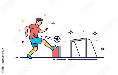 Free kick training moment with a player preparing to strike a ball over a small training wall toward the goal. Subtle star accents emphasize technique,