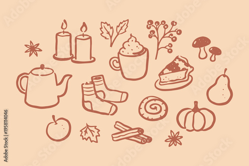 Autumn cozy doodle icon set vector illustration