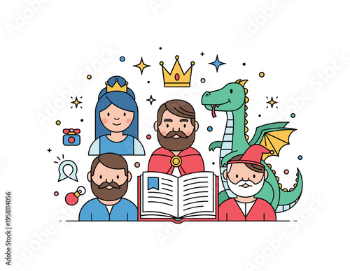 Storybook characters charming collection of classic fairy tale figures gathered in a small whimsical scene with a princess crown, a friendly dragon, and an