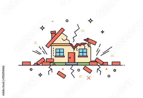 Collapsed house after earthquake small broken home structure with scattered bricks and crack symbols across the ground suggesting strong seismic movement. The