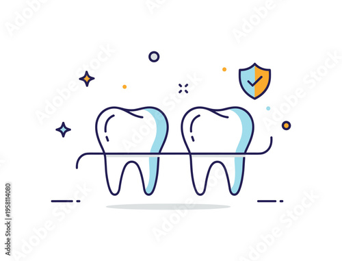 Dental hygiene reminder showing two teeth separated by a fine floss line with a subtle checkmark and tiny shield icon, symbolizing protection against plaque.