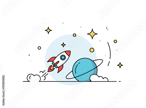 Space exploration theme illustrated by a small rocket flying past a simplified planet with subtle star accents, symbolizing human curiosity within the solar